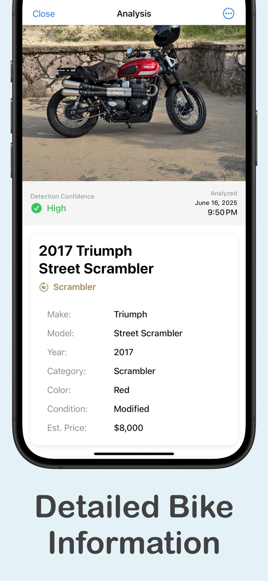 Bike Identifier app showing a 2017 Triumph Street Scrambler identified from a photo with specs and value