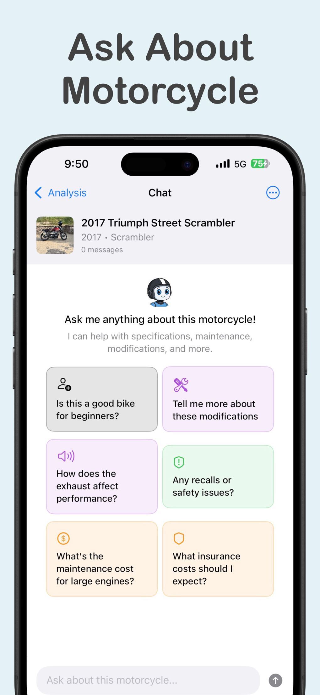 AI chat answering questions about the identified motorcycle